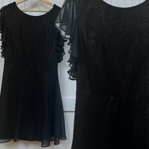 H Halston Black Gold Shimmer Ruffle Flutter Sleeve Dress Cocktail Party LBD 0